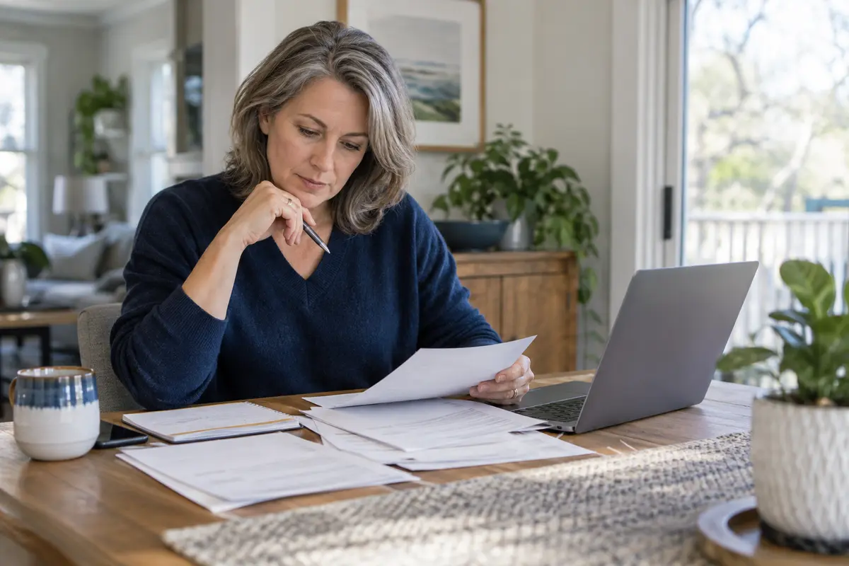 An adult reviewing household paperwork beside a laptop at home